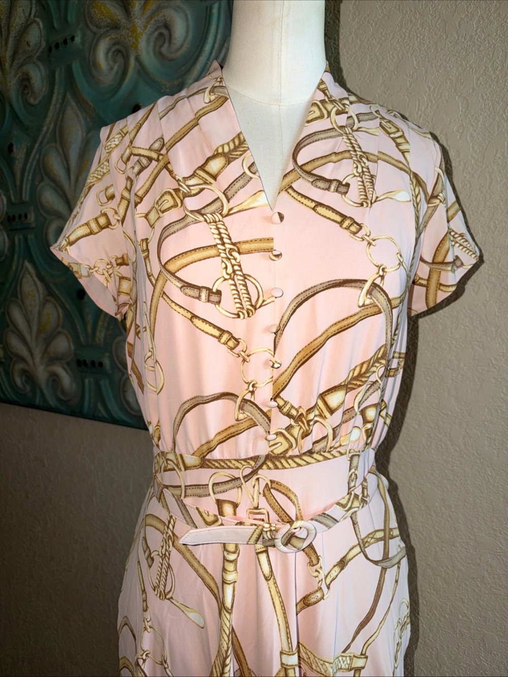 Lauren Ralph Lauren Dress Womens 2 Pink Equestrian Belt Print Midi Crepe Belted - Picture 3 of 11